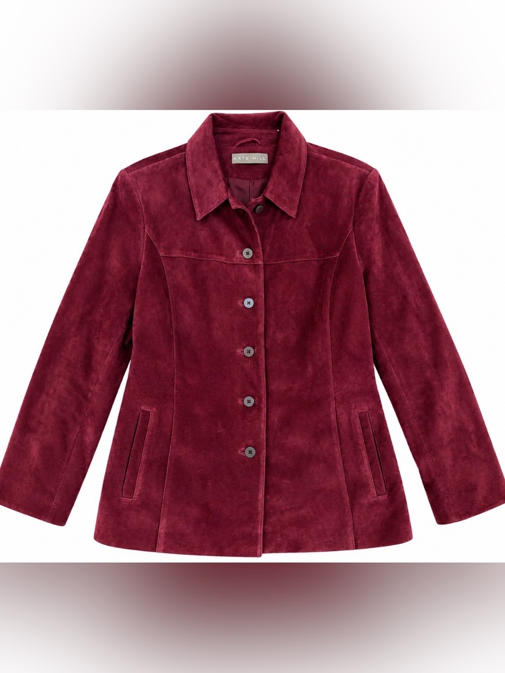 Kate Hill Burgundy Suede Leather Jacket Women’s L Button Front Y2K Quiet Luxury